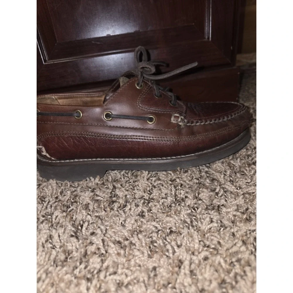 LL Bean Allagash Bison Leather Hand Sewn Boat Shoes Brown Mens Size 7 EE Wide